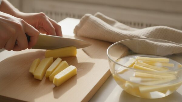 pommes selber machen schneiden Kartoffeln für Pommes selber machen in gleichmäßige Stäbchen schneiden und in kaltem Wasser wässern