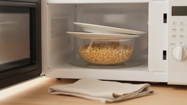 popcorn selber machen mikrowelle Popcorn in der Mikrowelle ohne Beutel: Glasschüssel mit Puffmais und Teller als Deckel