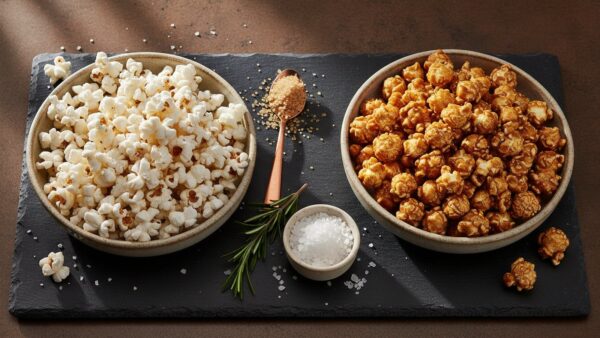 popcorn selber machen wuerzen Popcorn würzen süß oder salzig: Salzflocken und karamellisiertes Popcorn nebeneinander