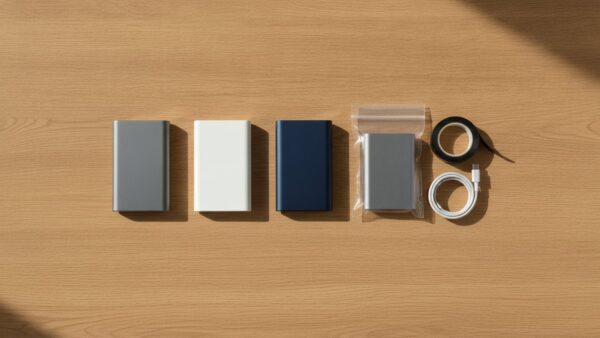 powerbank flugzeug bild 4 Drei Powerbanks ohne Aufdruck, eine davon im Schutzbeutel, daneben Isolierband und USB-C-Kabel