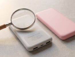 Zwei flache Powerbanks auf einem Steintisch, über der Rückseite einer davon eine Lupe zum Prüfen der Chargennummer