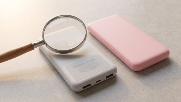 Zwei flache Powerbanks auf einem Steintisch, über der Rückseite einer davon eine Lupe zum Prüfen der Chargennummer