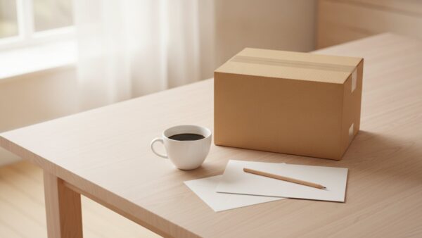 Unbeschrifteter Versandkarton, Briefumschlag und Notizblock auf einem Küchentisch