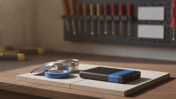 Powerbank mit abgeklebten Anschlüssen auf einer Fliese, daneben eine Metalldose und Isolierband