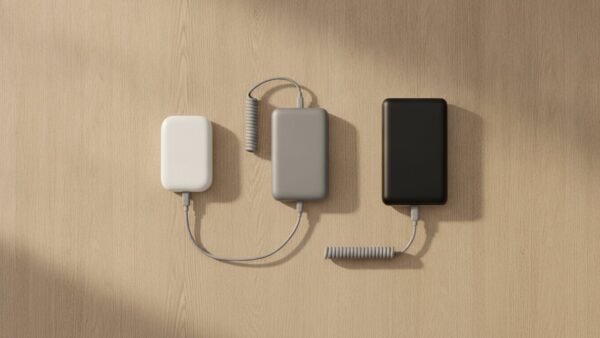 Drei verschiedene Powerbanks ohne Beschriftung nebeneinander auf einem Holztisch