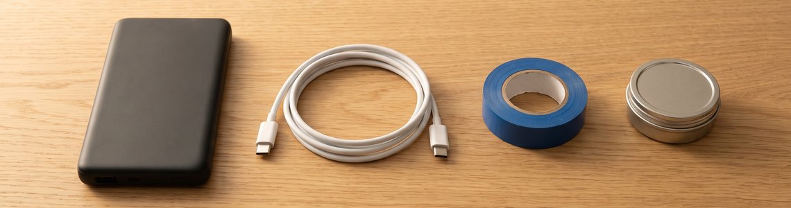 Schwarze Powerbank, USB-C-Kabel, Isolierband und Metalldose auf einem hellen Holztisch