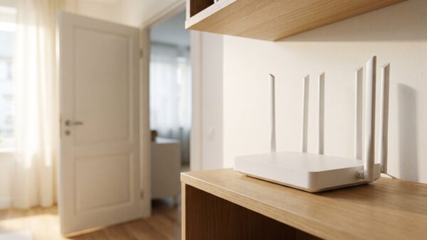 Frei aufgestellter WLAN-Router auf einem Regalbrett