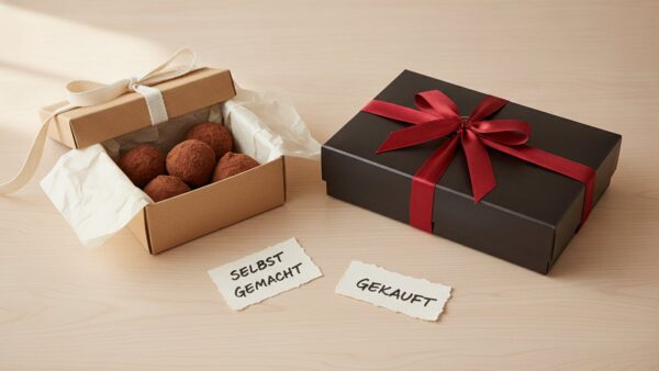 pralinen selber machen geschenk Selbstgemachte Pralinen im Kraftpapier-Karton neben einer gekauften Pralinenschachtel