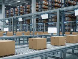 Förderband mit unbedruckten Kartons in einem automatisierten Versandzentrum