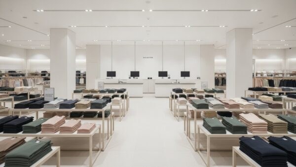 primark online bestellen bild 2 Weiter Verkaufsraum mit gestapelten Textilien und leerem Kassenbereich