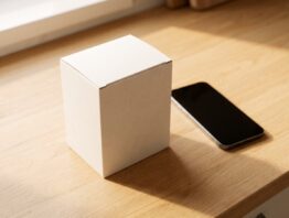 Neutrale Produktverpackung neben dem Smartphone auf der Arbeitsplatte
