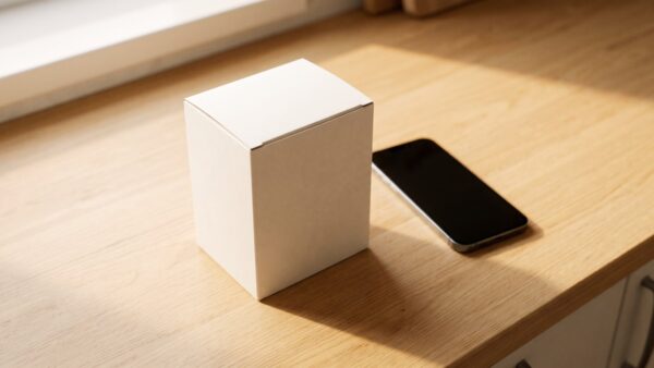 Neutrale Produktverpackung neben dem Smartphone auf der Arbeitsplatte