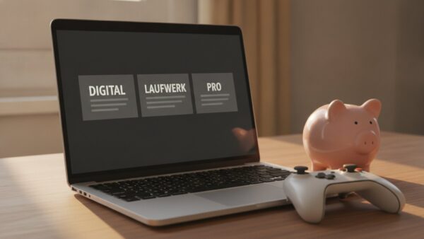 PS5 oder Xbox Preise: Laptop mit Kärtchen Digital, Laufwerk und Pro neben einem Controller
