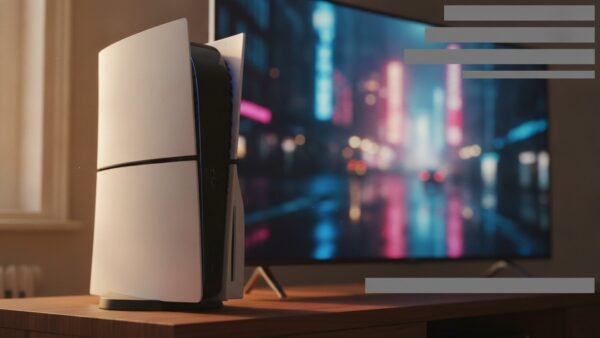 PS5 oder PS5 Pro: weiße Spielkonsole vor einem Fernseher mit nächtlicher Stadtansicht