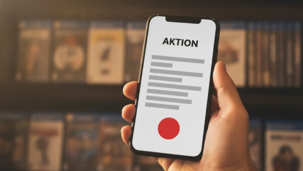 Konsole günstiger kaufen: Smartphone mit Aktionsseite vor einem Regal mit Spielhüllen