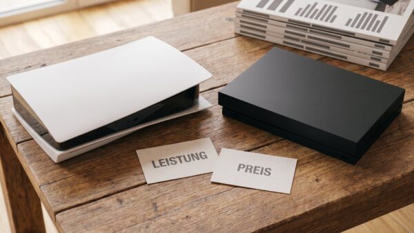 PS5 oder Xbox: zwei Spielkonsolen nebeneinander mit den Karten Leistung und Preis