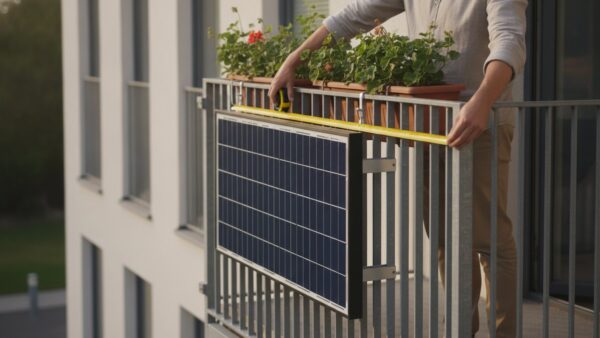 pv modul groesse balkon Solarmodul quer an einer Balkonbrüstung, eine Person misst die Geländerbreite mit dem Maßband