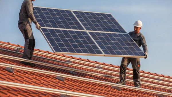 pv modul groesse gewicht Zwei Handwerker tragen ein Solarmodul über eine Ziegeldachfläche mit Montageschienen