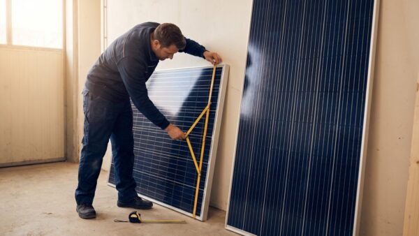 pv modul groesse standardmasse Handwerker misst die Länge eines Solarmoduls mit dem Zollstock — PV-Modul-Größe prüfen