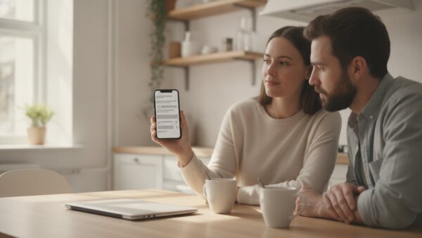Zwei Personen lesen Community-Kommentare zu einem Deal am Küchentisch