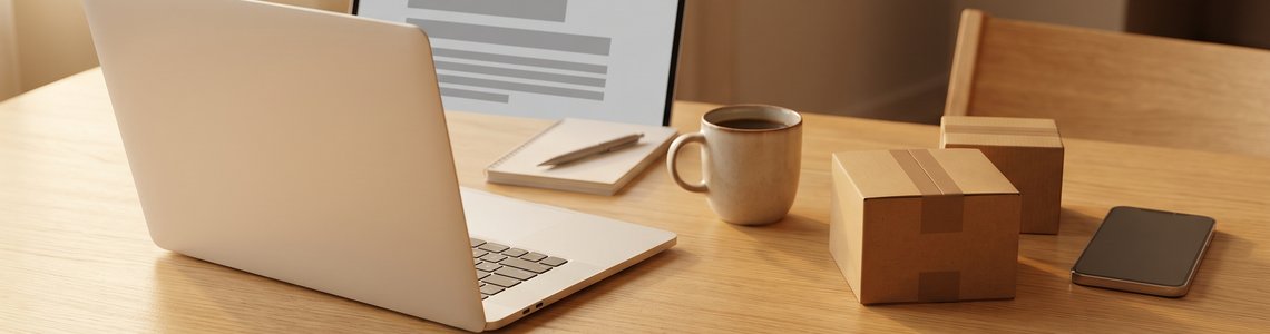 Rabattblog Schreibtisch mit Laptop und Paketen