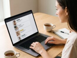 Frau vergleicht Angebote auf einem Rabattblog am Laptop
