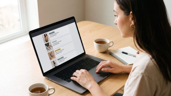 Frau vergleicht Angebote auf einem Rabattblog am Laptop