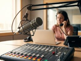 Radiostudio mit Mikrofon und Mischpult waehrend eines Radio-Gewinnspiels
