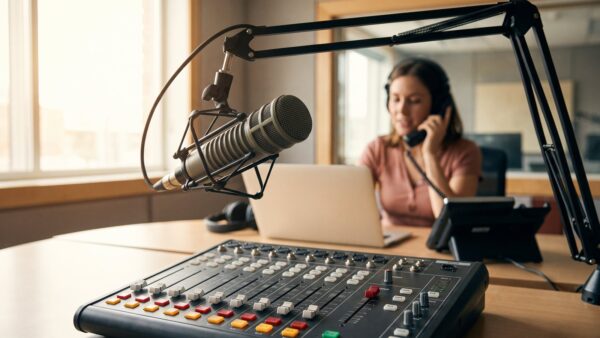 Radiostudio mit Mikrofon und Mischpult waehrend eines Radio-Gewinnspiels