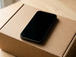 Smartphone mit dunklem Bildschirm auf einem Versandkarton