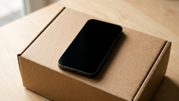 Smartphone mit dunklem Bildschirm auf einem Versandkarton
