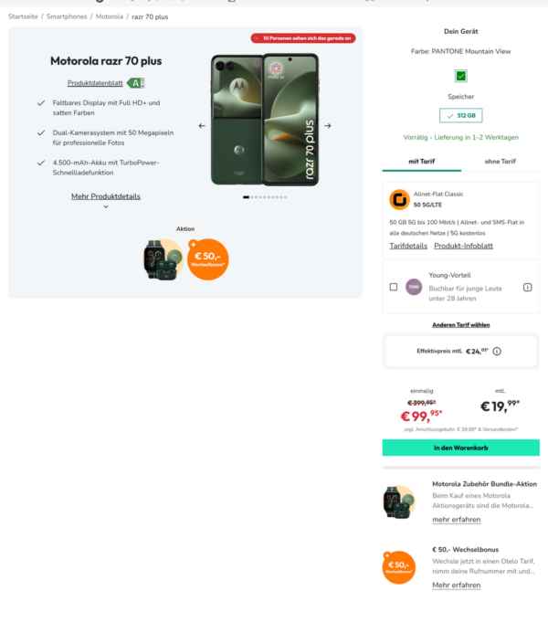 Motorola Razr 70 Plus mit Vertrag bei Sparhandy: 99,95€ einmalig, 19,99€ monatlich, 50€ Wechselbonus
