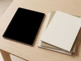 Tablet mit dunklem Bildschirm neben einem Stapel Zeitschriften ohne bedruckte Umschläge