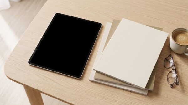 readly kosten bild 1 Tablet mit dunklem Bildschirm neben einem Stapel Zeitschriften ohne bedruckte Umschläge