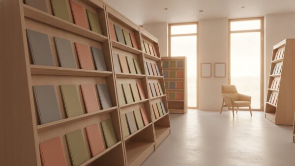 readly kosten bild 4 Zeitschriftenbereich einer öffentlichen Bibliothek mit hellen Holzregalen und Lesesessel