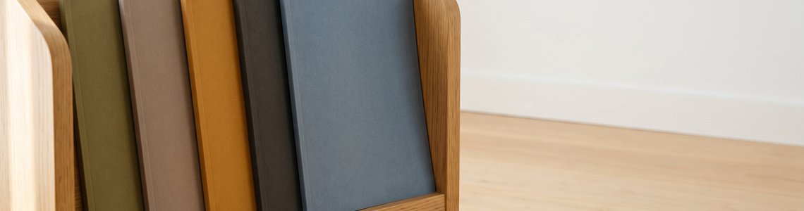 Zeitschriftenregal aus hellem Holz mit Magazinen ohne bedruckte Umschläge