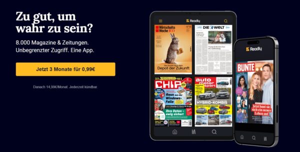 Readly Angebot: 3 Monate Zeitschriften-Flatrate für 0,99€