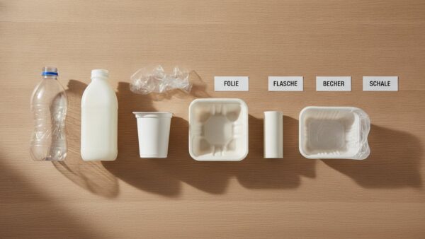 Sieben verschiedene Kunststoffverpackungen nach Recycling-Codes sortiert auf einem Holztisch