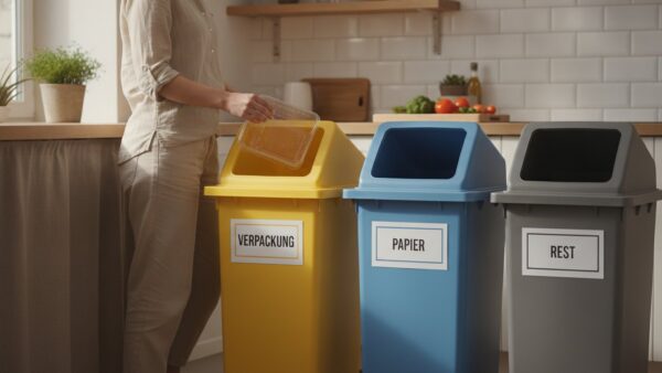 Mülltrennung im Haushalt mit gelbem Verpackungsbehälter, Papier- und Restmüllbehälter