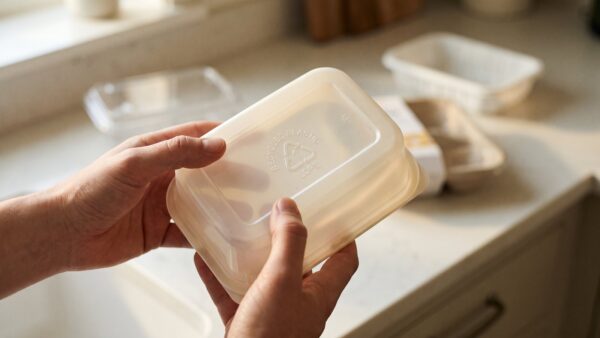 Hand hält Kunststoffverpackung ins Licht und liest die Recycling-Symbole auf der Unterseite