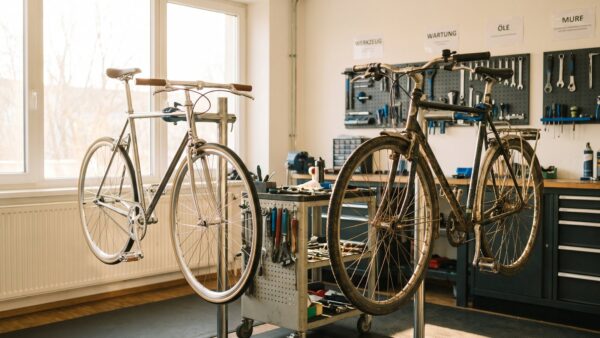 refurbished ebike bild 1 Zwei FahrrÀder nebeneinander in einer Werkstatt, eines aufbereitet, eines mit Gebrauchsspuren