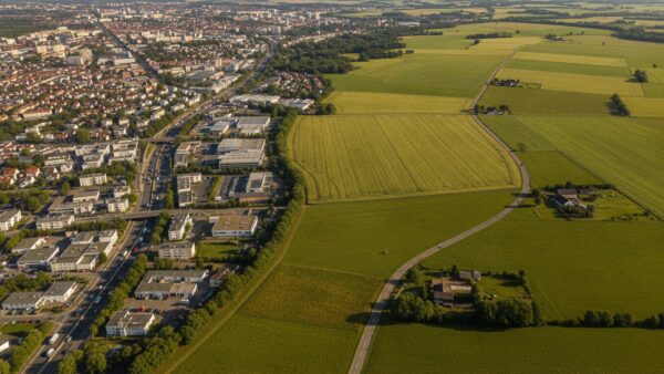 regionalklassen 2027 bild 2 Luftbild: dichte Stadt mit Verkehr links, ländliche Felder mit Landstraße rechts