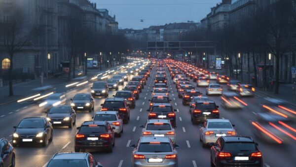 regionalklassen 2027 bild 3 Dichter Feierabendverkehr auf einer mehrspurigen Straße in der Großstadt