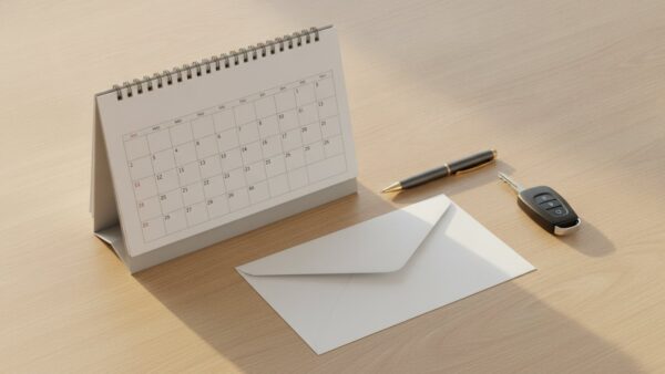 regionalklassen 2027 bild 4 Leerer Briefumschlag, Kugelschreiber, unbeschrifteter Kalender und Autoschlüssel auf Holz