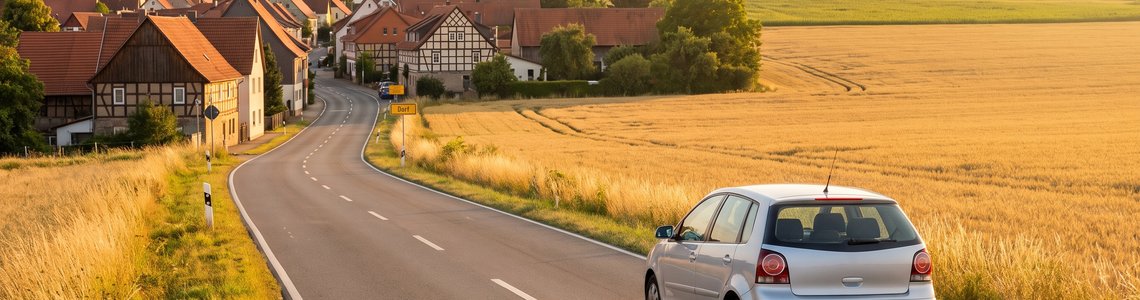 Silbernes Auto auf einer Landstraße zwischen Kleinstadt und Feldern im Abendlicht