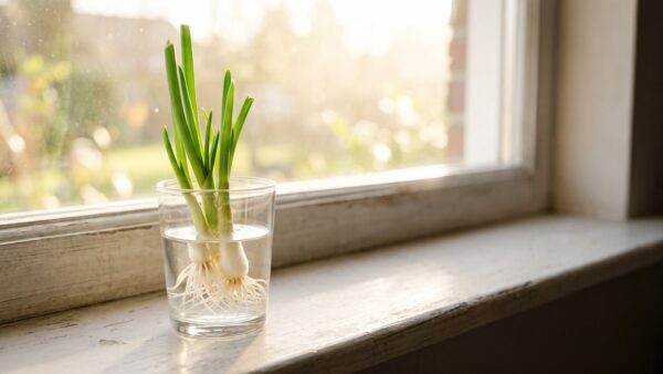 regrowing gemuese bild 1 Lauchzwiebel-Strunk im Wasserglas mit neuem Austrieb und Wurzeln
