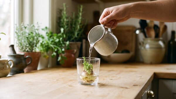 regrowing gemuese bild 2 Wasser im Glas mit GemĂĽsestrunk wird gewechselt