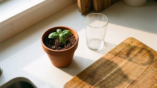 regrowing gemuese bild 3 Eingetopfte Pflanze neben dem leeren Wasserglas auf der Arbeitsplatte