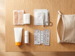 Reiseapotheke-Checkliste: Verbandmaterial, Sonnenschutz und Medikamente sortiert