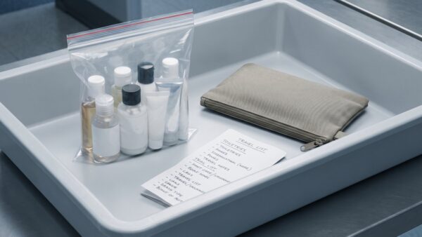 reiseapotheke bild 2 Transparenter Beutel mit FlĂĽssigkeiten und Medikamenten in der Kontrollwanne